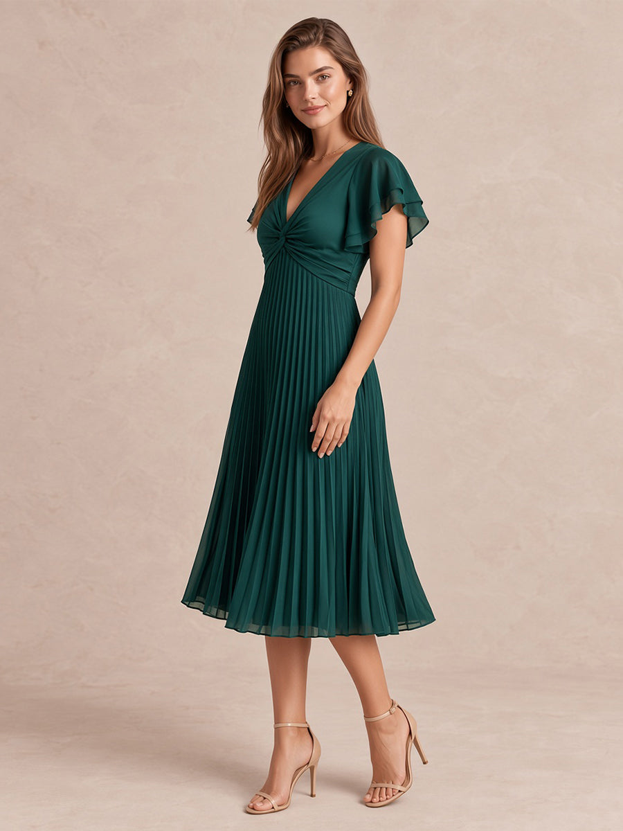 Emerald Green A Line Midi Pleated Chiffon Wedding Guest Dresses V Neck Cocktail Dresses