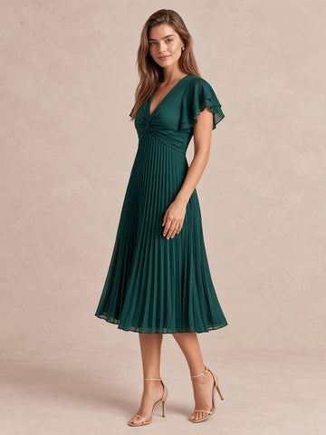Emerald Green A Line Midi Pleated Chiffon Wedding Guest Dresses V Neck Cocktail Dresses