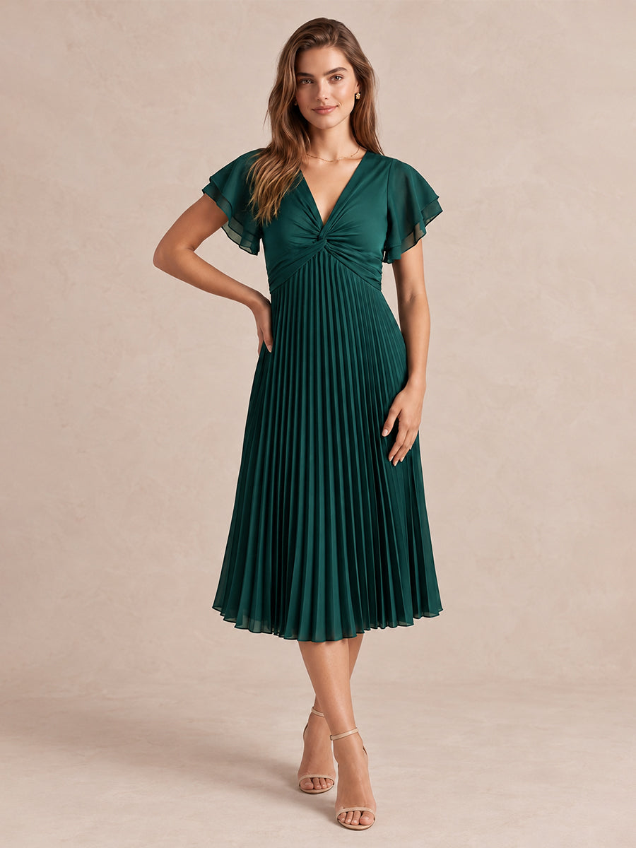 Emerald Green A Line Midi Pleated Chiffon Wedding Guest Dresses V Neck Cocktail Dresses