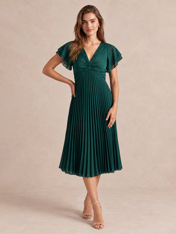 Emerald Green A Line Midi Pleated Chiffon Wedding Guest Dresses V Neck Cocktail Dresses