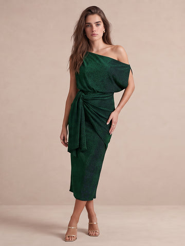 Emerald Green Sheath Midi Glitter Stretch Fabric Wedding Guest Dresses Asymmetrical Off Shoulder Cocktail Dresses