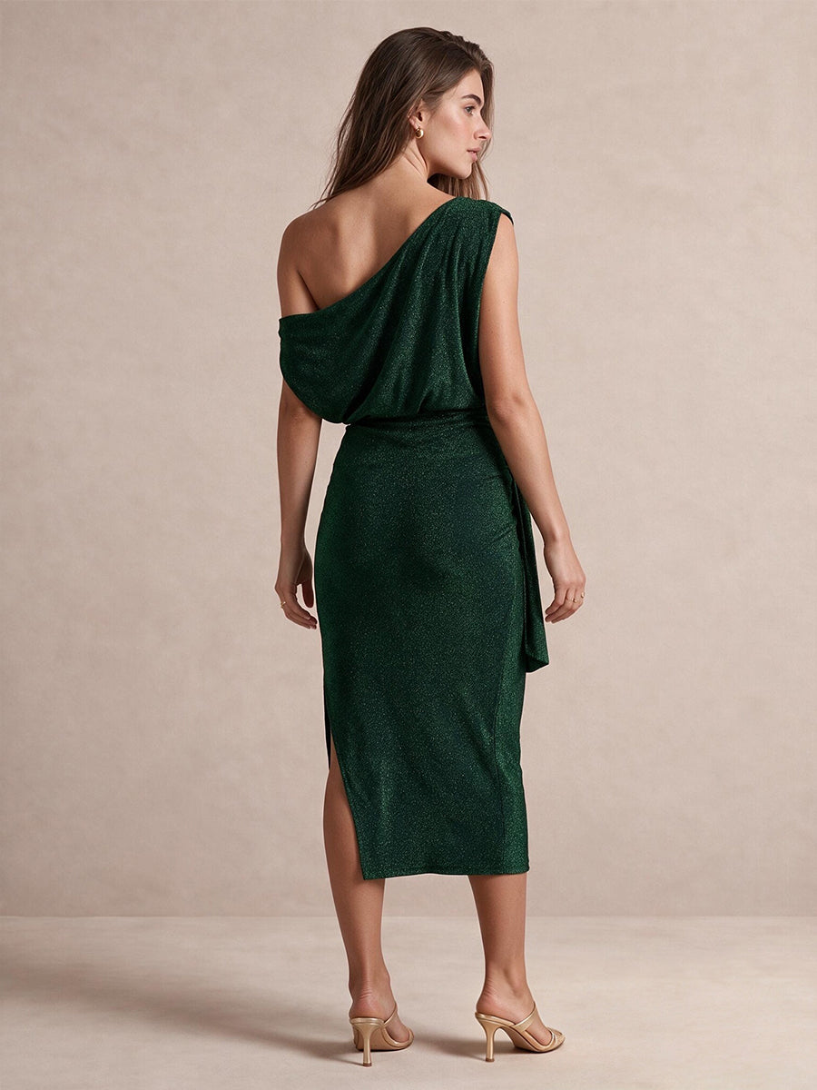 Emerald Green Sheath Midi Glitter Stretch Fabric Wedding Guest Dresses Asymmetrical Off Shoulder Cocktail Dresses
