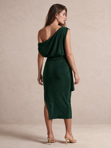 Emerald Green Sheath Midi Glitter Stretch Fabric Wedding Guest Dresses Asymmetrical Off Shoulder Cocktail Dresses