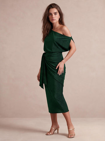 Emerald Green Sheath Midi Glitter Stretch Fabric Wedding Guest Dresses Asymmetrical Off Shoulder Cocktail Dresses