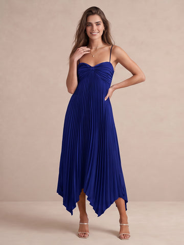 Dark Royal Blue Midi Pleated Satin Wedding Guest Dresses Spaghetti Strap Sweetheart Cocktail Dresses