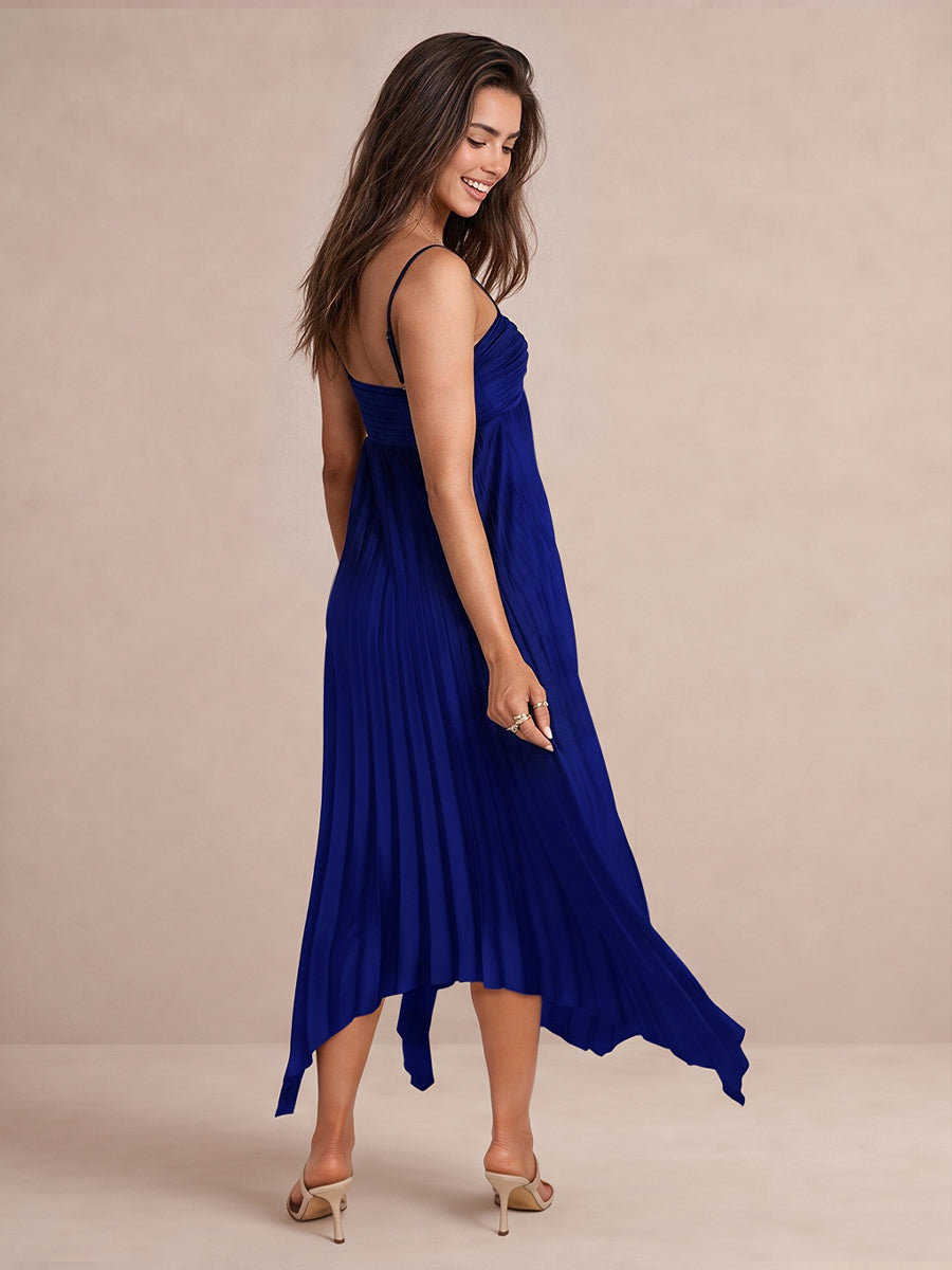 Dark Royal Blue Midi Pleated Satin Wedding Guest Dresses Spaghetti Strap Sweetheart Cocktail Dresses