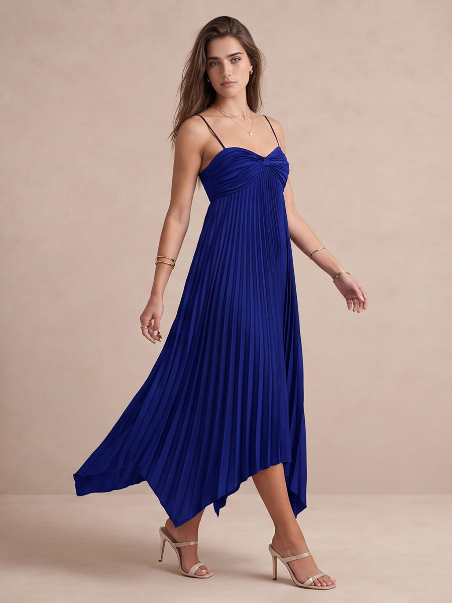 Dark Royal Blue Midi Pleated Satin Wedding Guest Dresses Spaghetti Strap Sweetheart Cocktail Dresses