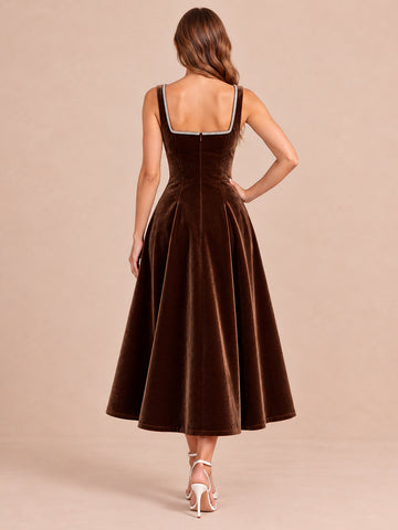 Brown A Line Midi Velvet Wedding Guest Dresses with Rhinestone Square Neck Cocktail Dresses