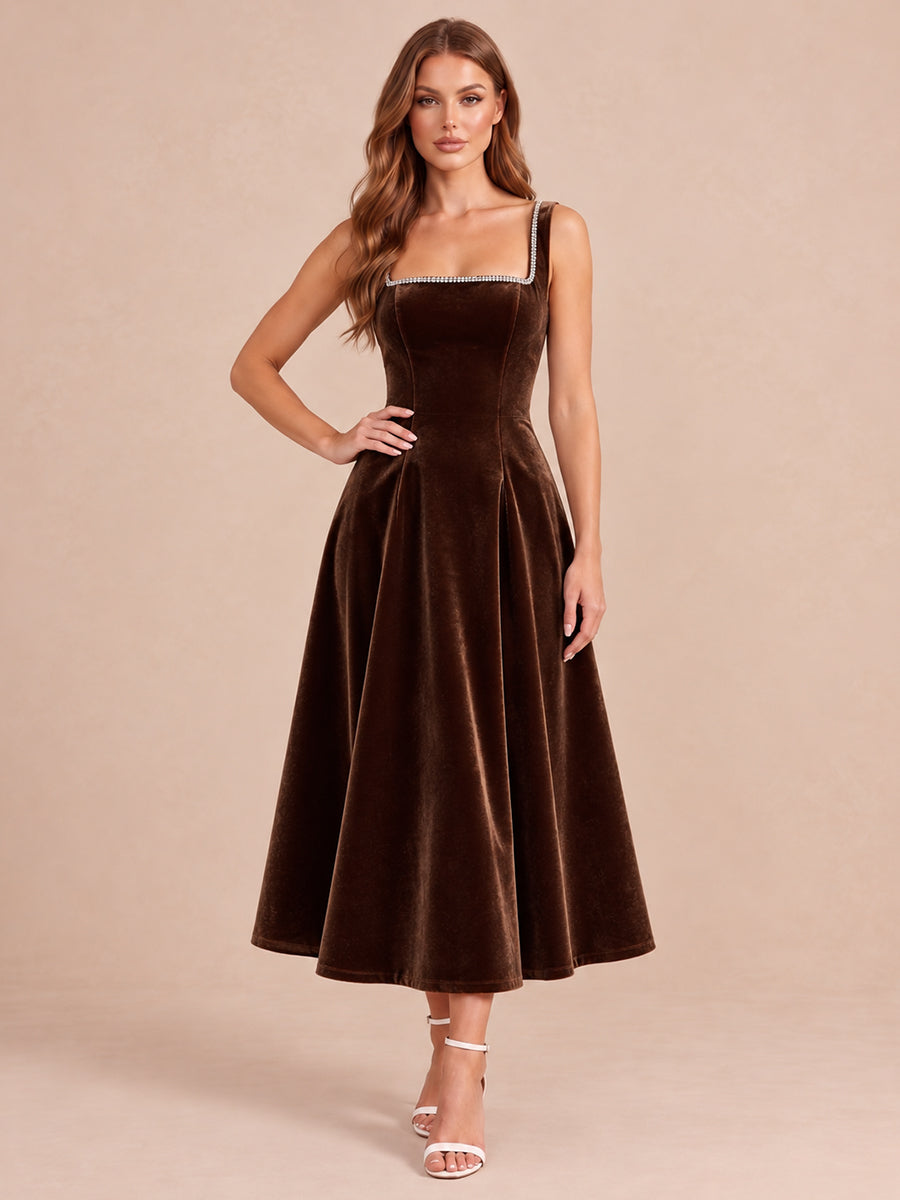 Brown A Line Midi Velvet Wedding Guest Dresses with Rhinestone Square Neck Cocktail Dresses