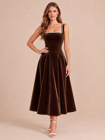 Brown A Line Midi Velvet Wedding Guest Dresses with Rhinestone Square Neck Cocktail Dresses
