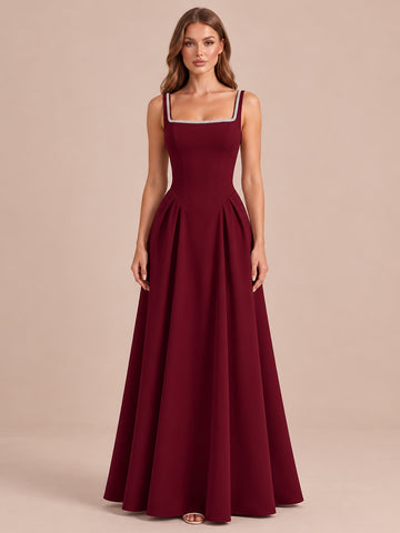 Wine Red A Line Maxi Crepe Wedding Guest Dresses Square Neck Formal Dresses