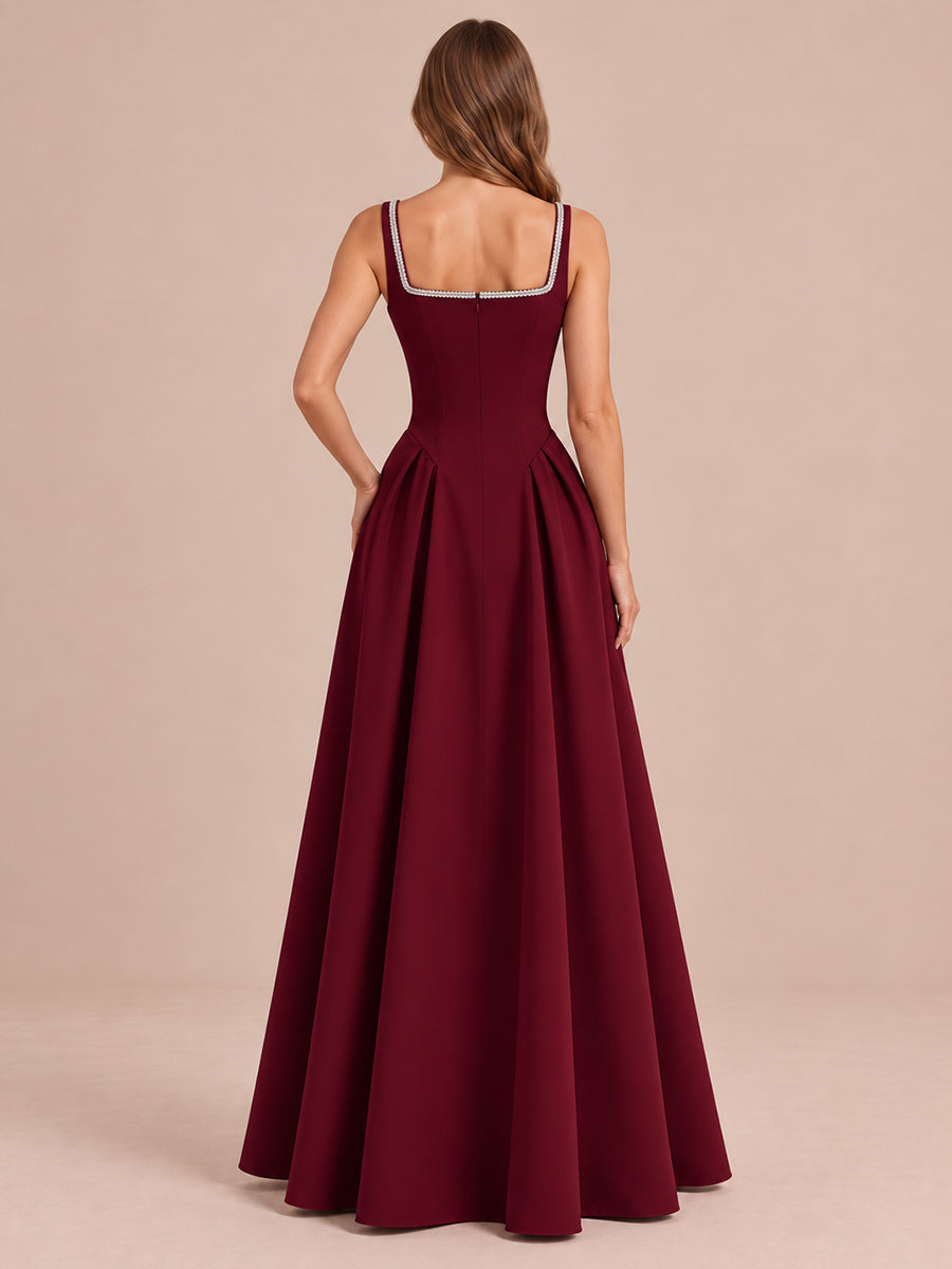 Wine Red A Line Maxi Crepe Wedding Guest Dresses Square Neck Formal Dresses