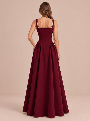 Wine Red A Line Maxi Crepe Wedding Guest Dresses Square Neck Formal Dresses