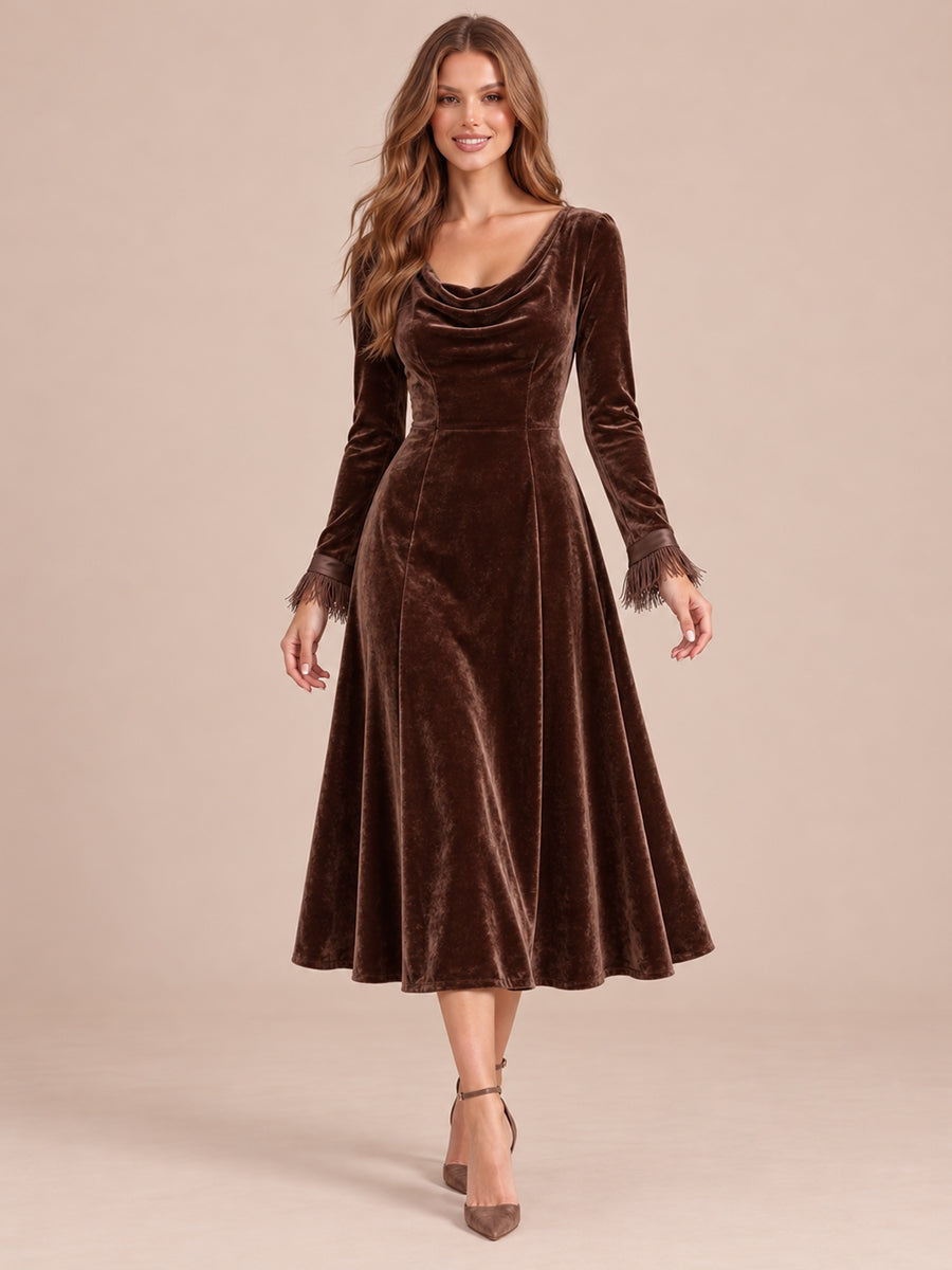 Brown A Line Midi Velvet Wedding Guest Dresses Cowl Neck Cocktail Dresses with Sleeves
