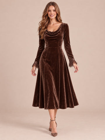 Brown A Line Midi Velvet Wedding Guest Dresses Cowl Neck Cocktail Dresses with Sleeves