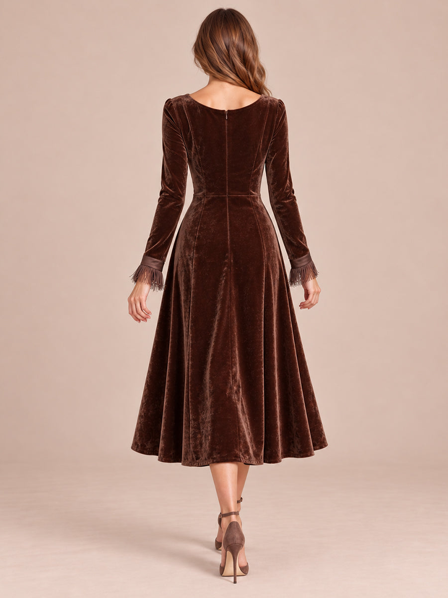 Brown A Line Midi Velvet Wedding Guest Dresses Cowl Neck Cocktail Dresses with Sleeves