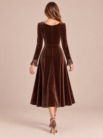 Brown A Line Midi Velvet Wedding Guest Dresses Cowl Neck Cocktail Dresses with Sleeves