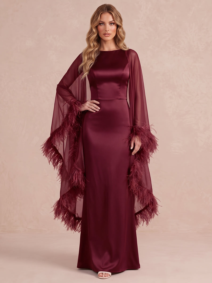 Wine Red Sheath Cape Maxi Satin Wedding Guest Dresses Bateau Neck Evening Dresses with Feather