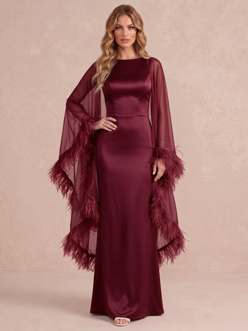 Wine Red Sheath Cape Maxi Satin Wedding Guest Dresses Bateau Neck Evening Dresses with Feather
