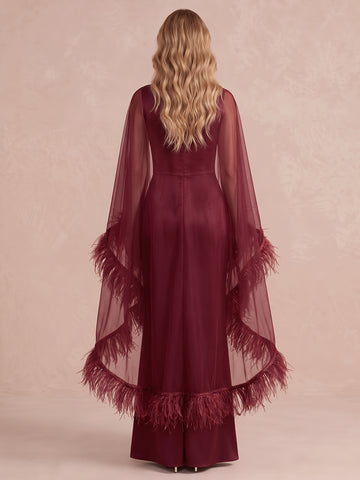 Wine Red Sheath Cape Maxi Satin Wedding Guest Dresses Bateau Neck Evening Dresses with Feather