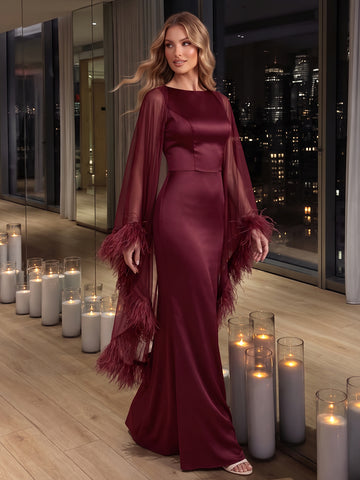 Wine Red Sheath Cape Maxi Satin Wedding Guest Dresses Bateau Neck Evening Dresses with Feather