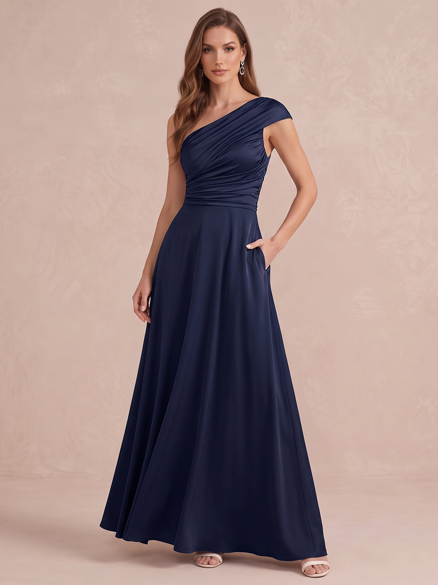 Navy Blue A Line With Pockets Maxi Satin Wedding Guest Dresses One Shoulder Formal Dresses