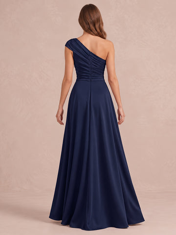 Navy Blue A Line With Pockets Maxi Satin Wedding Guest Dresses One Shoulder Formal Dresses