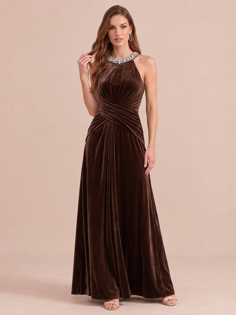 Brown A Line Ruched Waist Wedding Guest Dresses Beaded Halter Neck Formal Maxi Velvet  Dresses