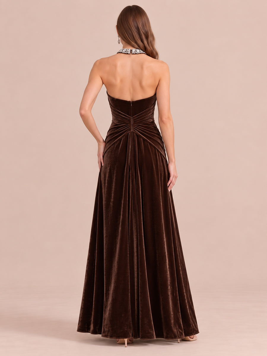 Brown A Line Ruched Waist Wedding Guest Dresses Beaded Halter Neck Formal Maxi Velvet  Dresses