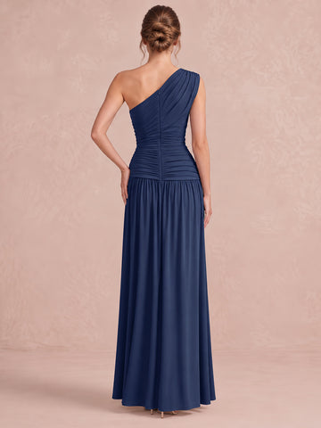 Stormy Blue A Line Ruched Maxi Stretchy Jersey Wedding Guest Dresses One Shoulder Formal Dresses