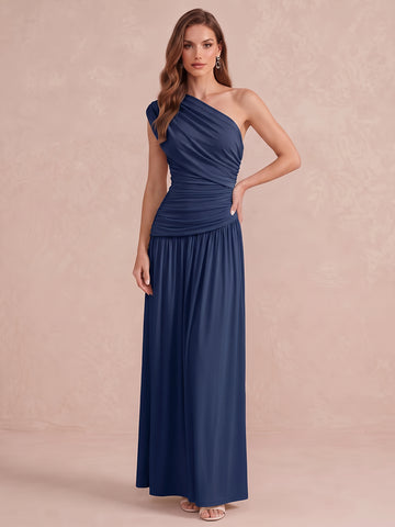 Stormy Blue A Line Ruched Maxi Stretchy Jersey Wedding Guest Dresses One Shoulder Formal Dresses