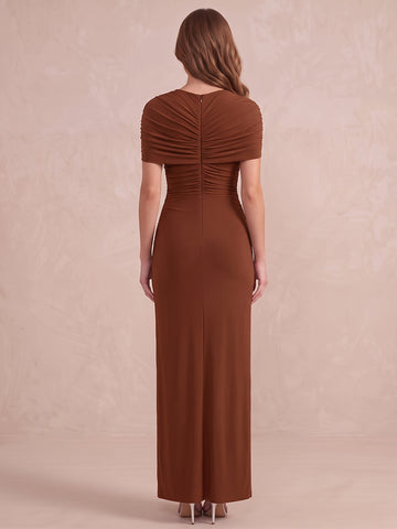 Burnt Orange Sheath Ruched Slit Maxi Stretchy Jersey Wedding Guest Dresses Cross Wrap Neck Cocktail Dresses