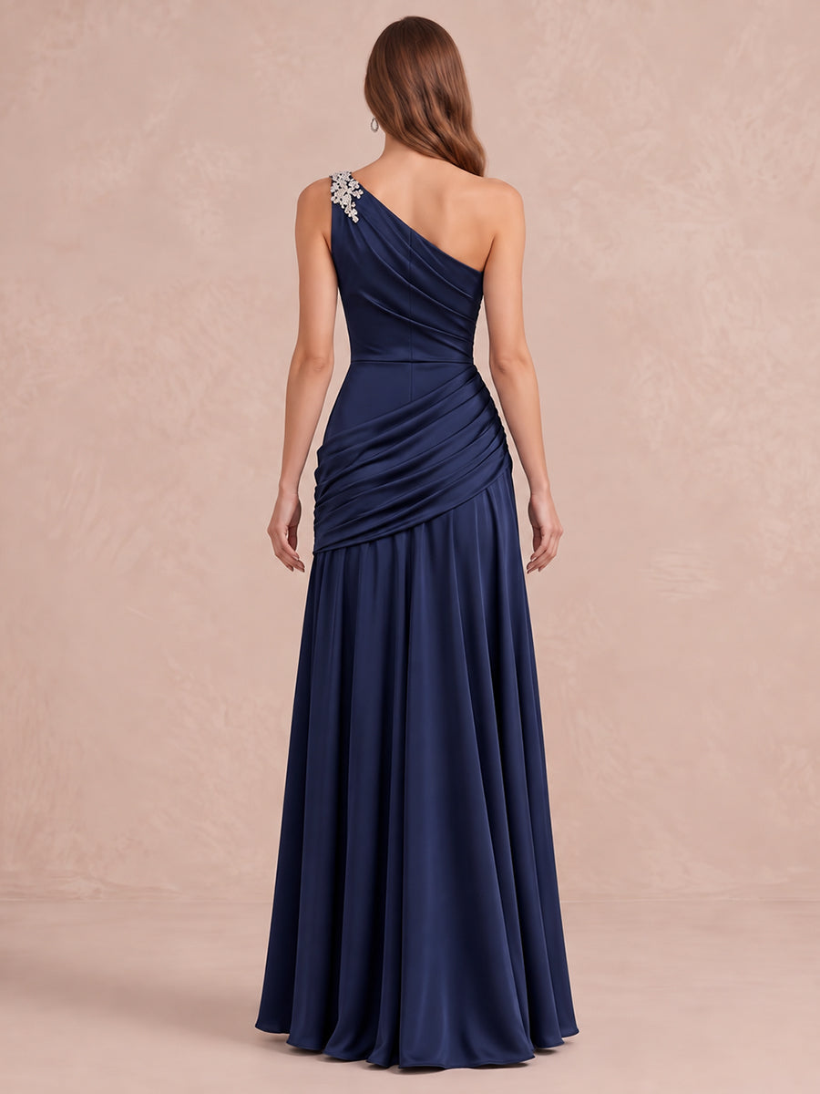 Navy Blue A Line Ruched Maxi Satin Wedding Guest Dresses One Shoulder Formal Dresses