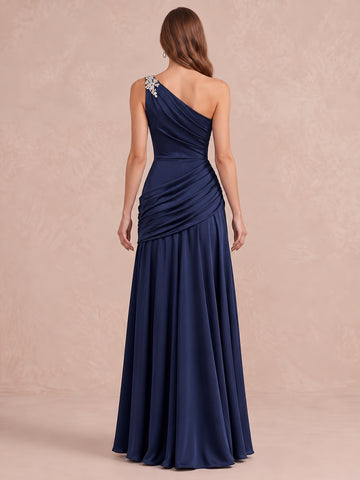 Navy Blue A Line Ruched Maxi Satin Wedding Guest Dresses One Shoulder Formal Dresses