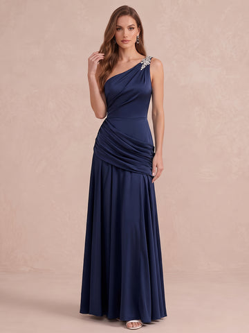 Navy Blue A Line Ruched Maxi Satin Wedding Guest Dresses One Shoulder Formal Dresses