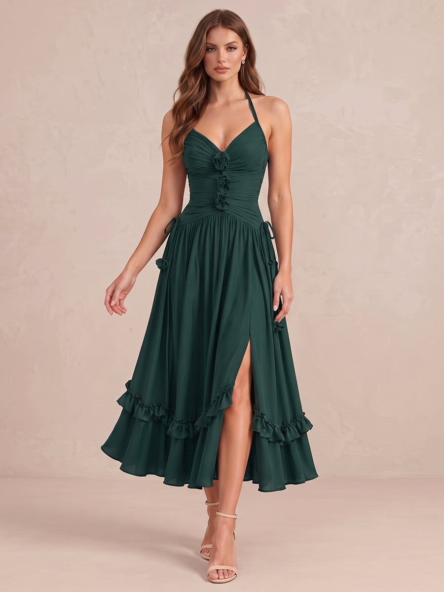 Dark Green A Line 3D Floral Side Slit Midi Chiffon Wedding Guest Dresses V Neck Cocktail Dresses