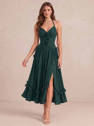 Dark Green A Line 3D Floral Side Slit Midi Chiffon Wedding Guest Dresses V Neck Cocktail Dresses