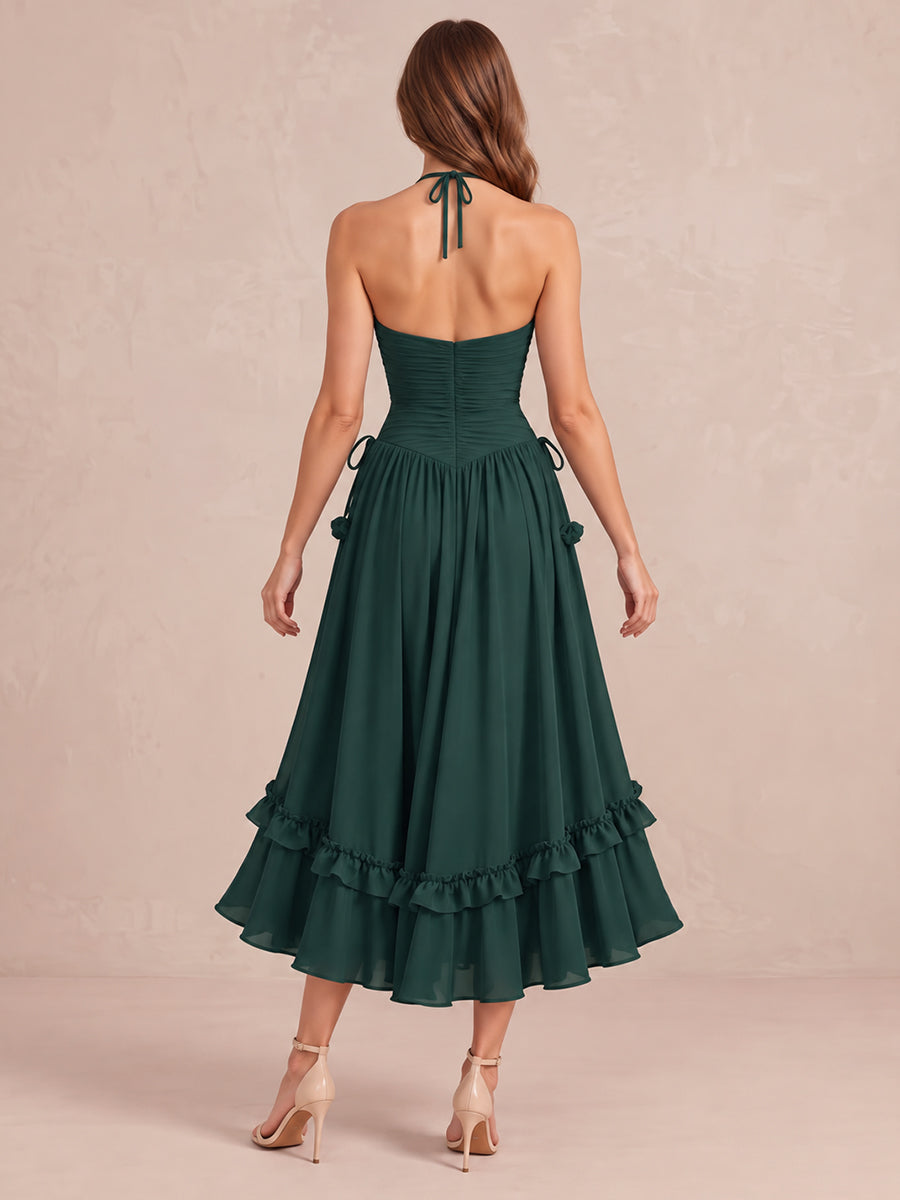 Dark Green A Line 3D Floral Side Slit Midi Chiffon Wedding Guest Dresses V Neck Cocktail Dresses