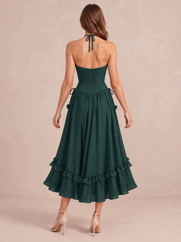 Dark Green A Line 3D Floral Side Slit Midi Chiffon Wedding Guest Dresses V Neck Cocktail Dresses