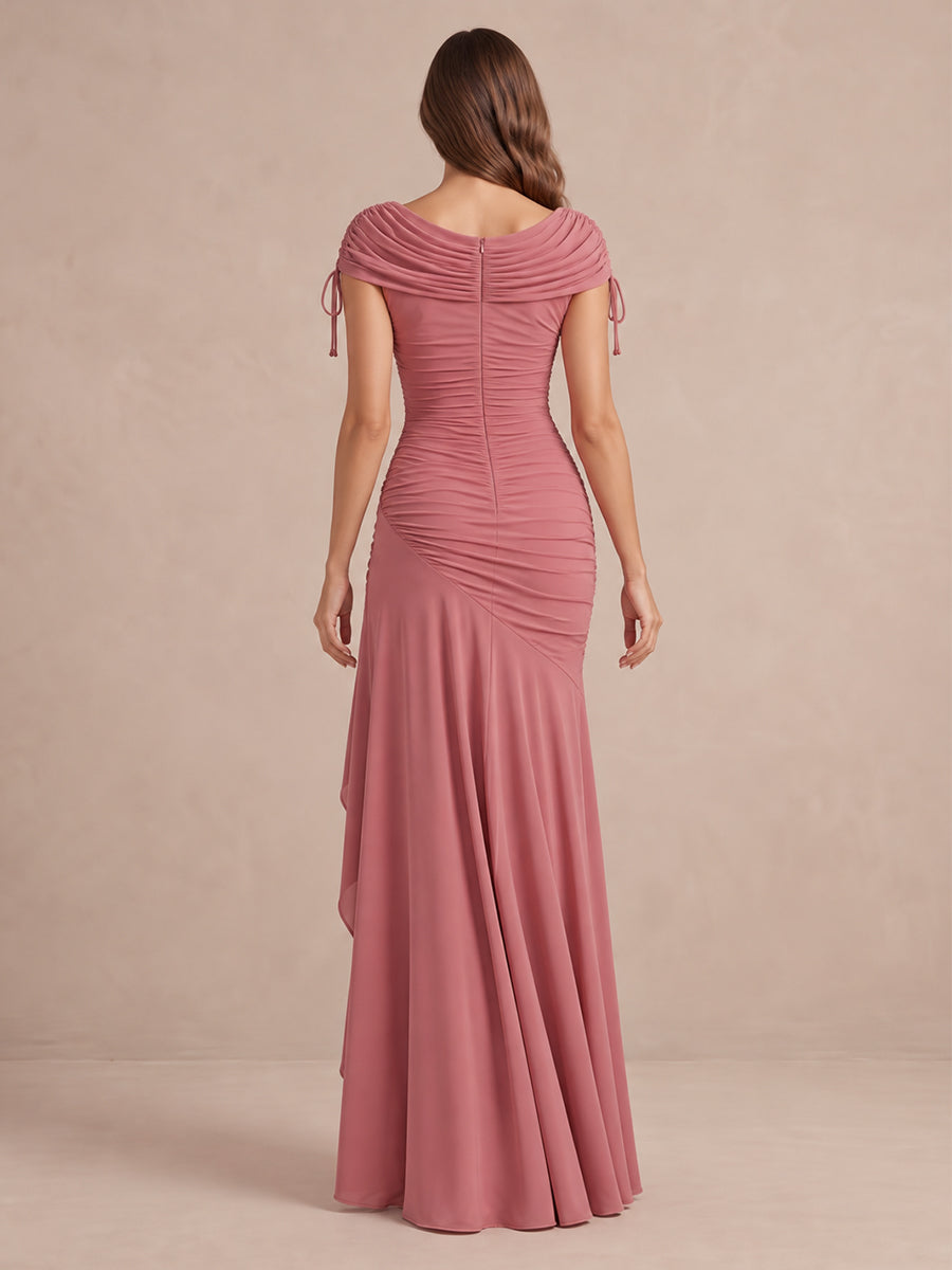 Sheath Ruched Ruffle Slit Maxi Stretchy Wedding Guest Dresses Cowl Neck Formal Dresses