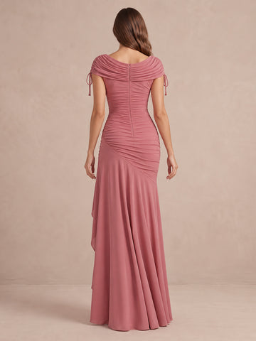 Sheath Ruched Ruffle Slit Maxi Stretchy Wedding Guest Dresses Cowl Neck Formal Dresses