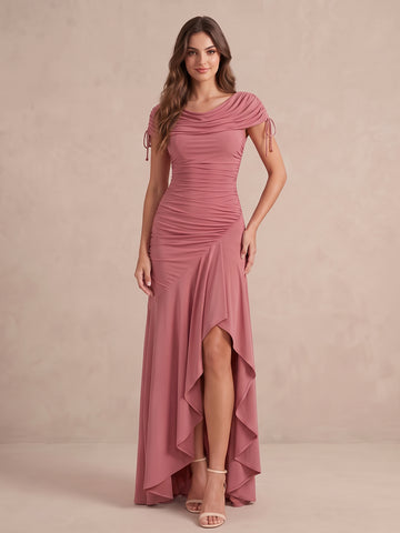 Sheath Ruched Ruffle Slit Maxi Stretchy Wedding Guest Dresses Cowl Neck Formal Dresses