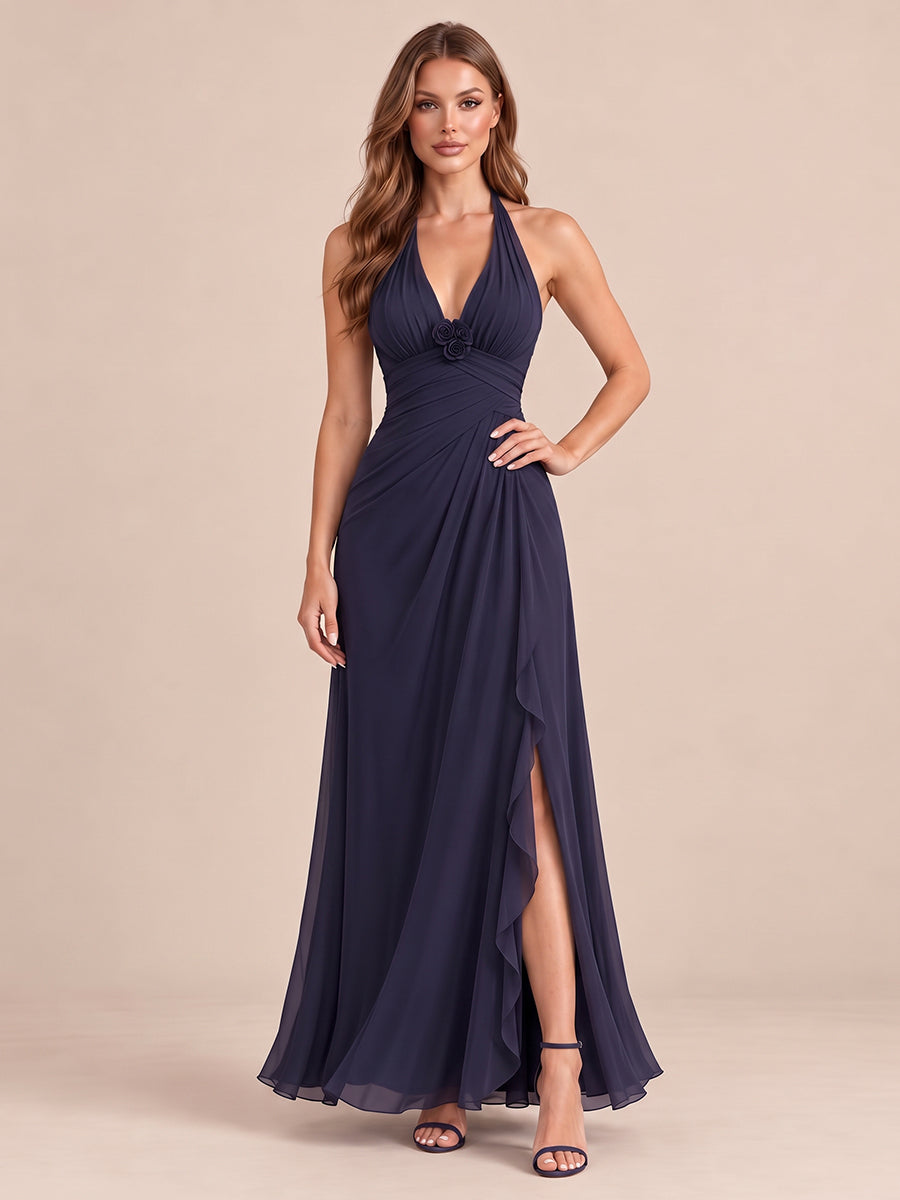 Navy Blue A Line Maxi Chiffon Halter V Neck Wedding Guest Dresses with 3D Floral Side Slit Formal Dresses