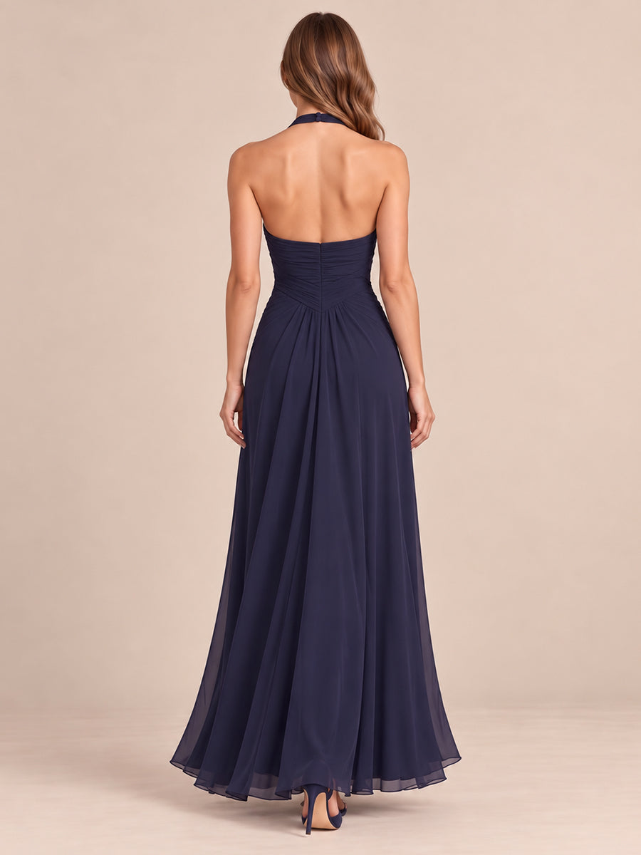 Navy Blue A Line Maxi Chiffon Halter V Neck Wedding Guest Dresses with 3D Floral Side Slit Formal Dresses