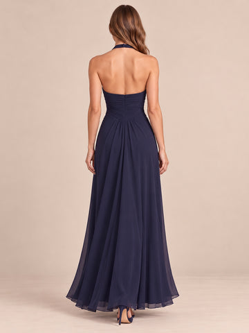 Navy Blue A Line Maxi Chiffon Halter V Neck Wedding Guest Dresses with 3D Floral Side Slit Formal Dresses