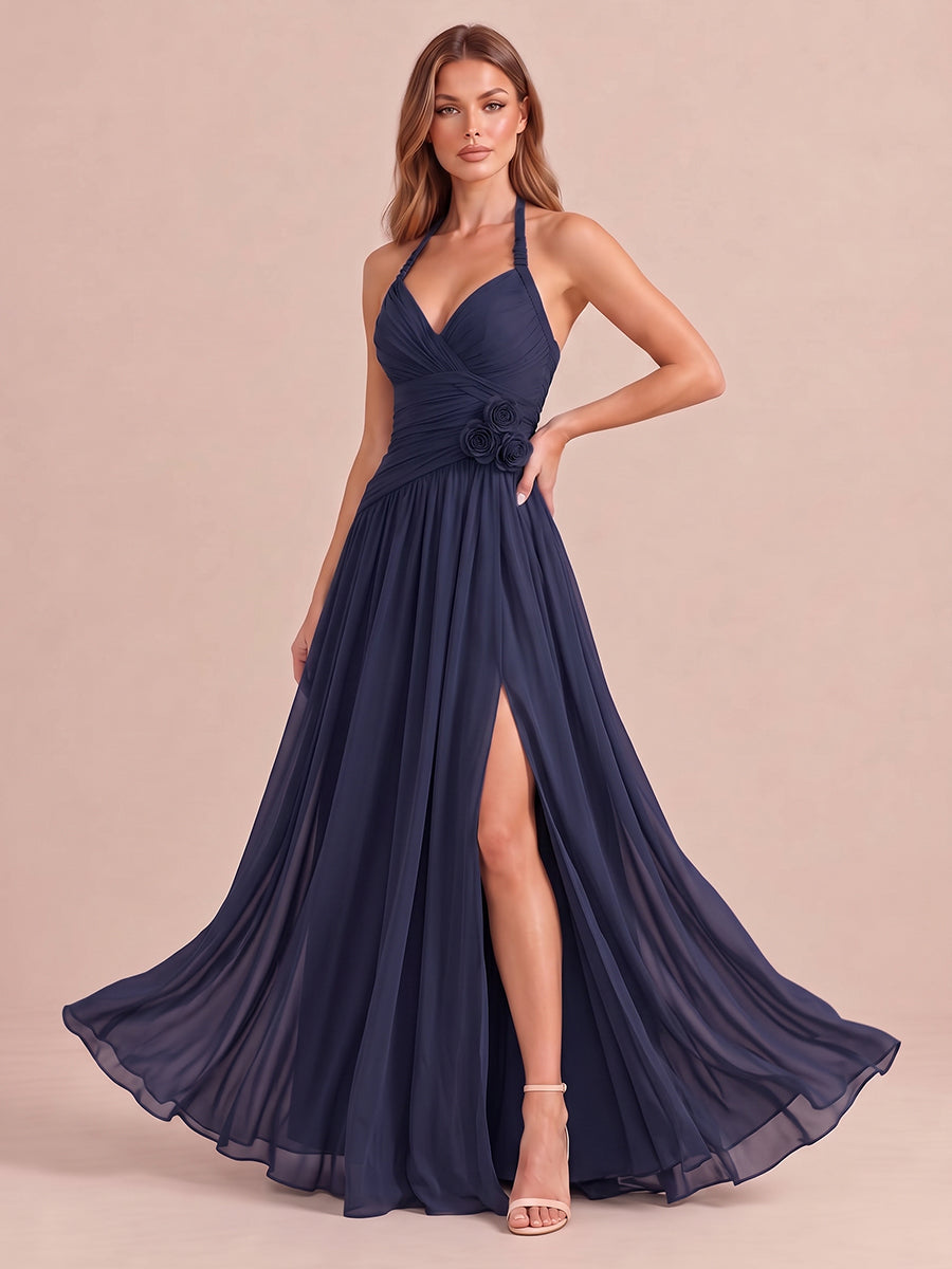Stormy Blue Lline Side Slit Maxi Chiffon Wedding Guest Dresses 3D Floral Halter V Neck Formal Dresses