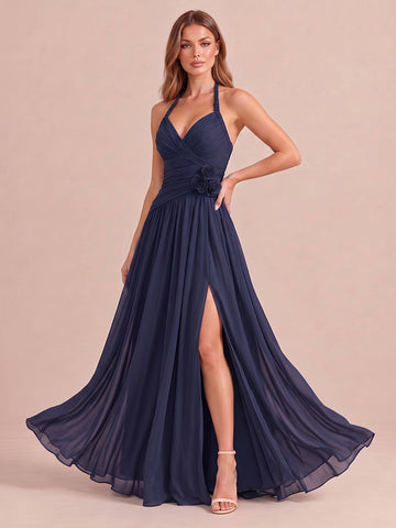 Stormy Blue Lline Side Slit Maxi Chiffon Wedding Guest Dresses 3D Floral Halter V Neck Formal Dresses