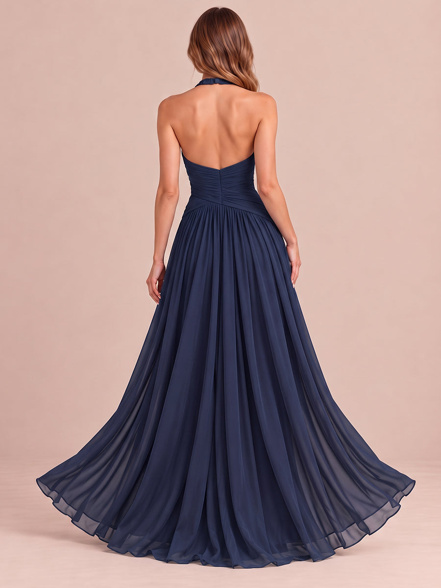 Stormy Blue Lline Side Slit Maxi Chiffon Wedding Guest Dresses 3D Floral Halter V Neck Formal Dresses