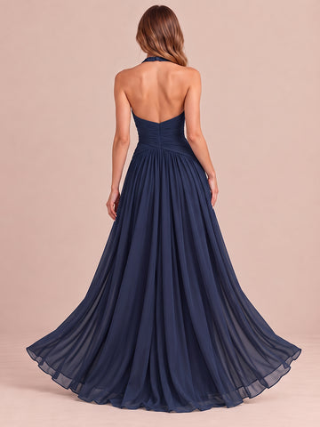 Stormy Blue Lline Side Slit Maxi Chiffon Wedding Guest Dresses 3D Floral Halter V Neck Formal Dresses