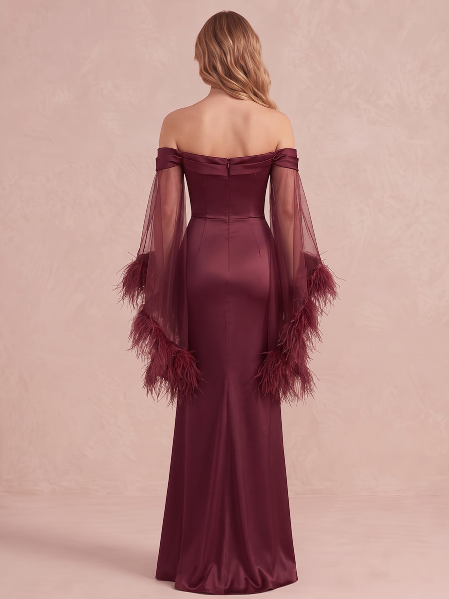 Wine Red Mermaid Feather Maxi Satin Wedding Guest Dresses Off Shoulder Evening Dresses
